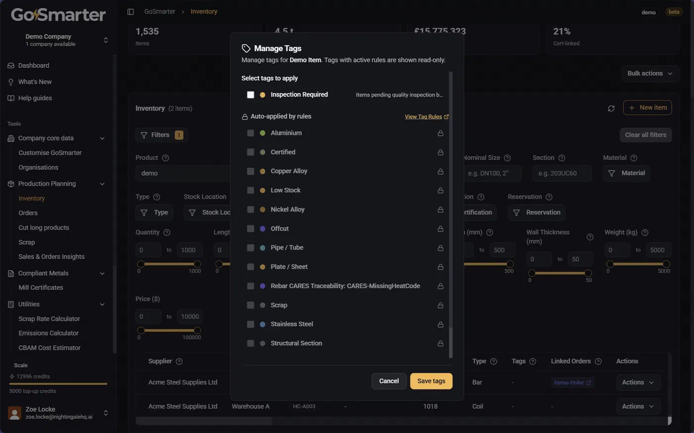 Manage Tags window showing applied tags and manual toggle controls
