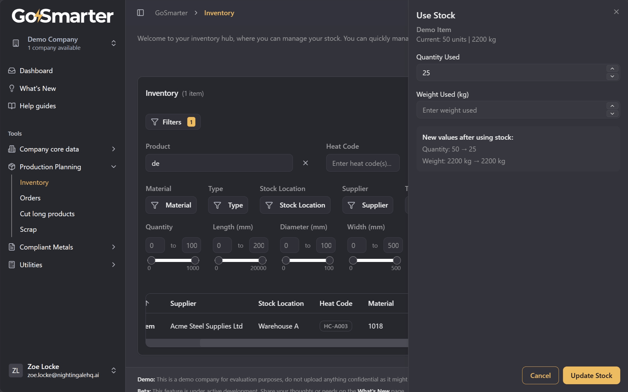 Use Stock window with quantity and weight input fields