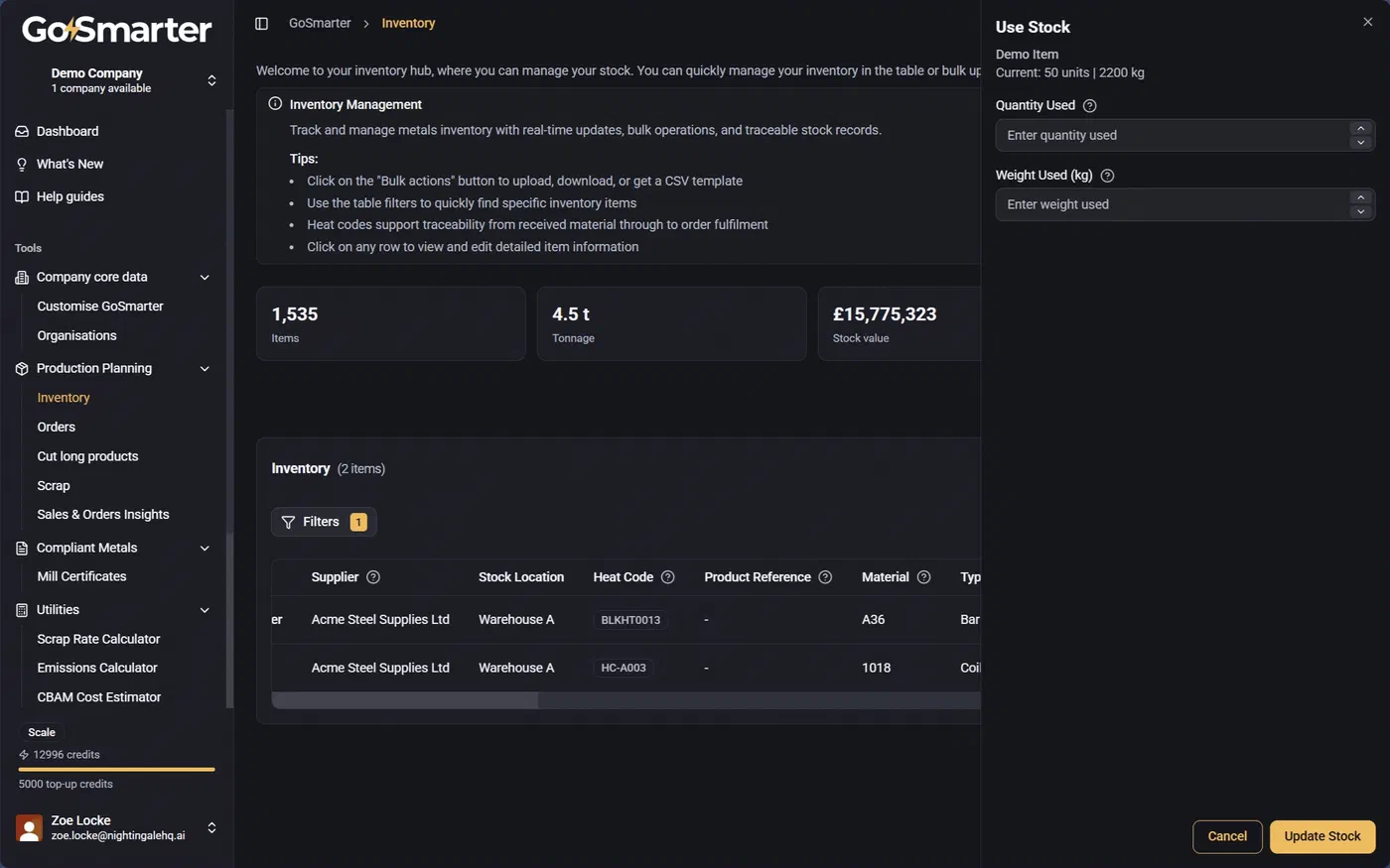 Use Stock window with quantity and weight input fields