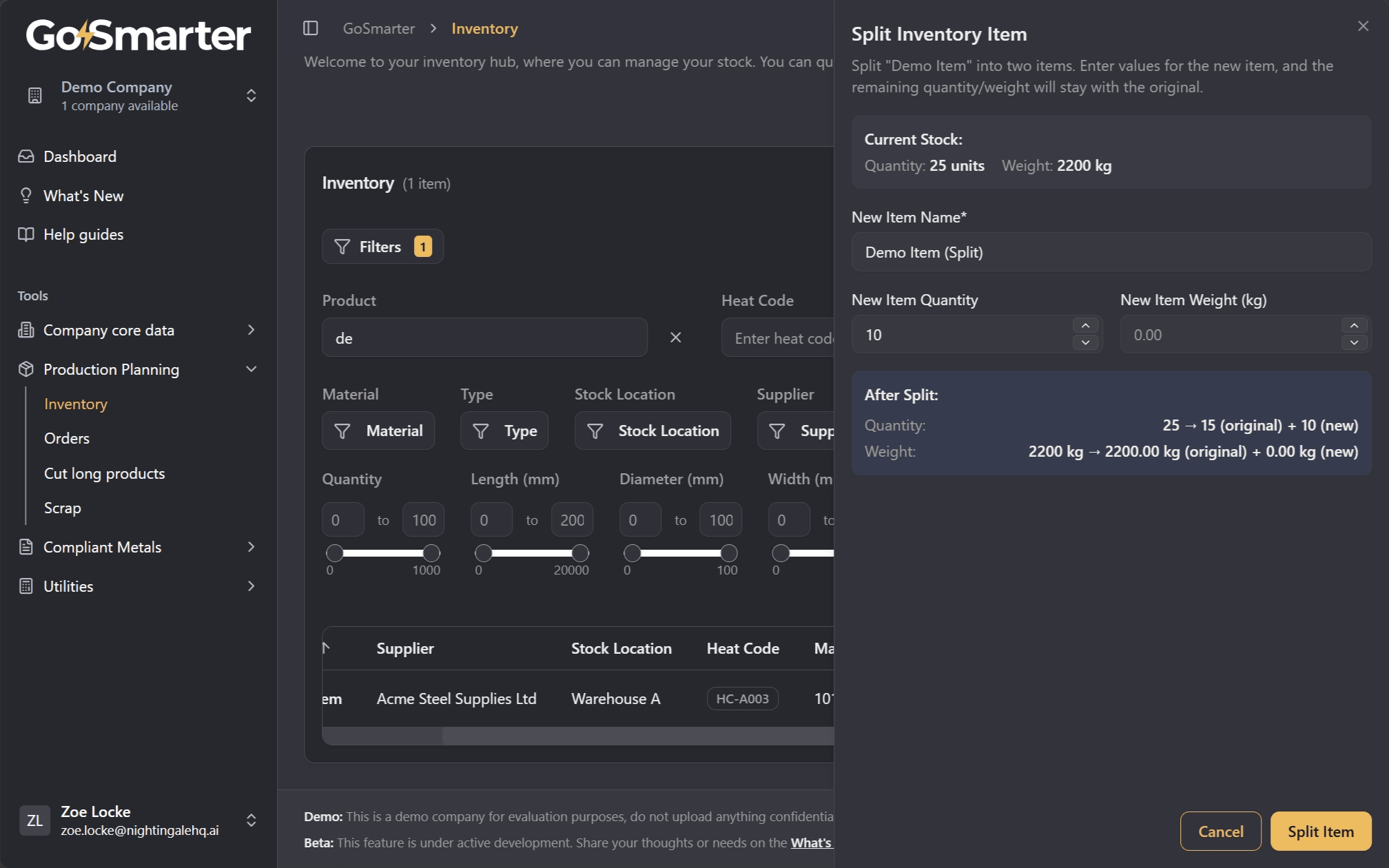 Split Inventory window showing how stock is divided into a new item