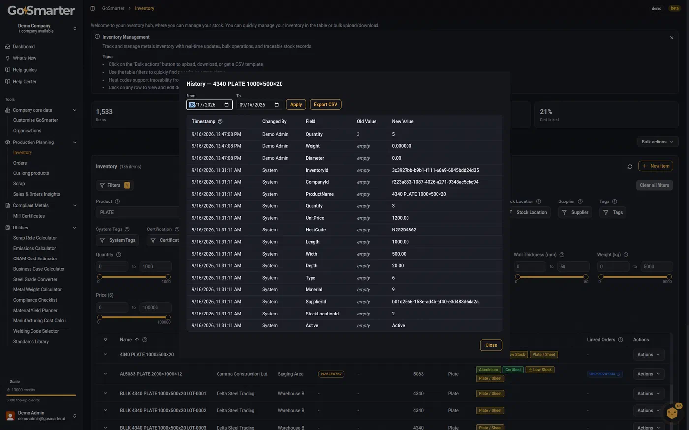History window showing the full audit trail for an inventory item