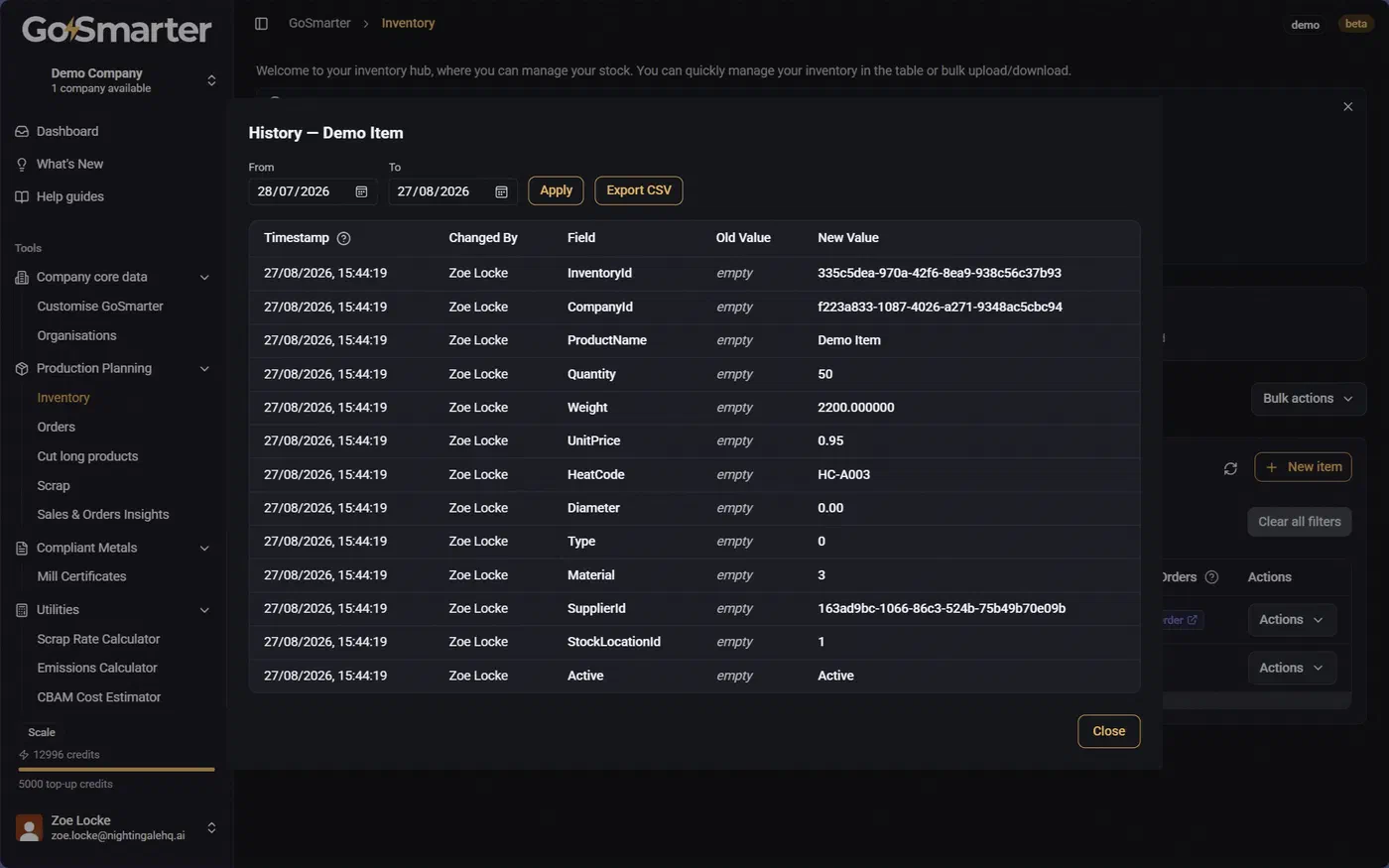 History window showing the full audit trail for an inventory item