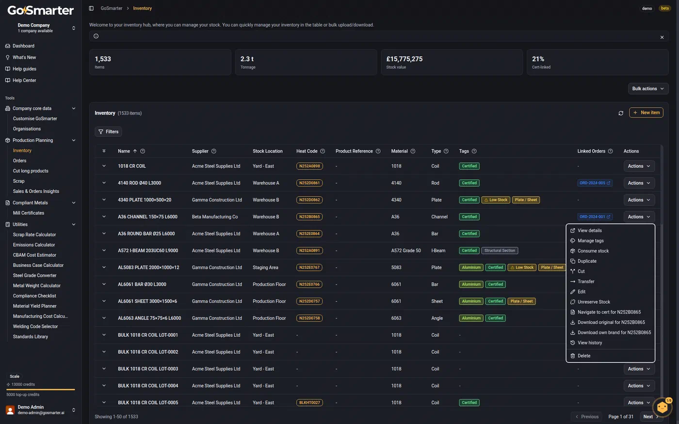 Actions menu on an inventory row open, showing Duplicate alongside View details, Manage tags, Consume stock, Cut, Transfer, Edit, and Delete
