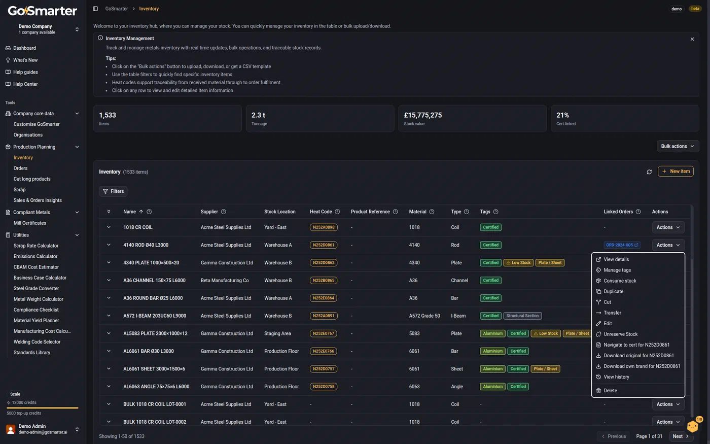 Actions menu on an inventory row showing Consume stock, Cut, Transfer, and Edit alongside the item's other operations