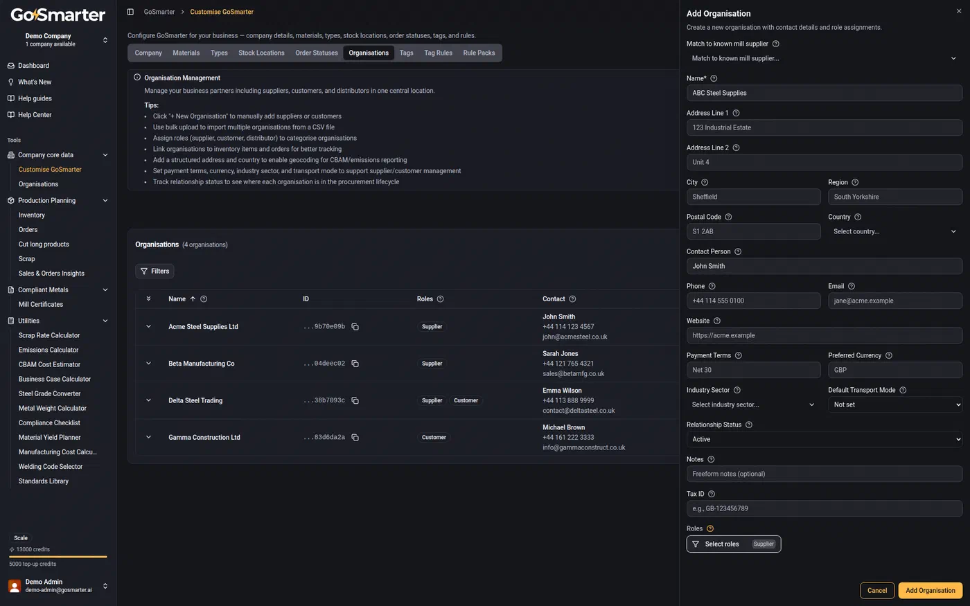 Add Organisation dialog with a name, contact person, address, and the Supplier role selected