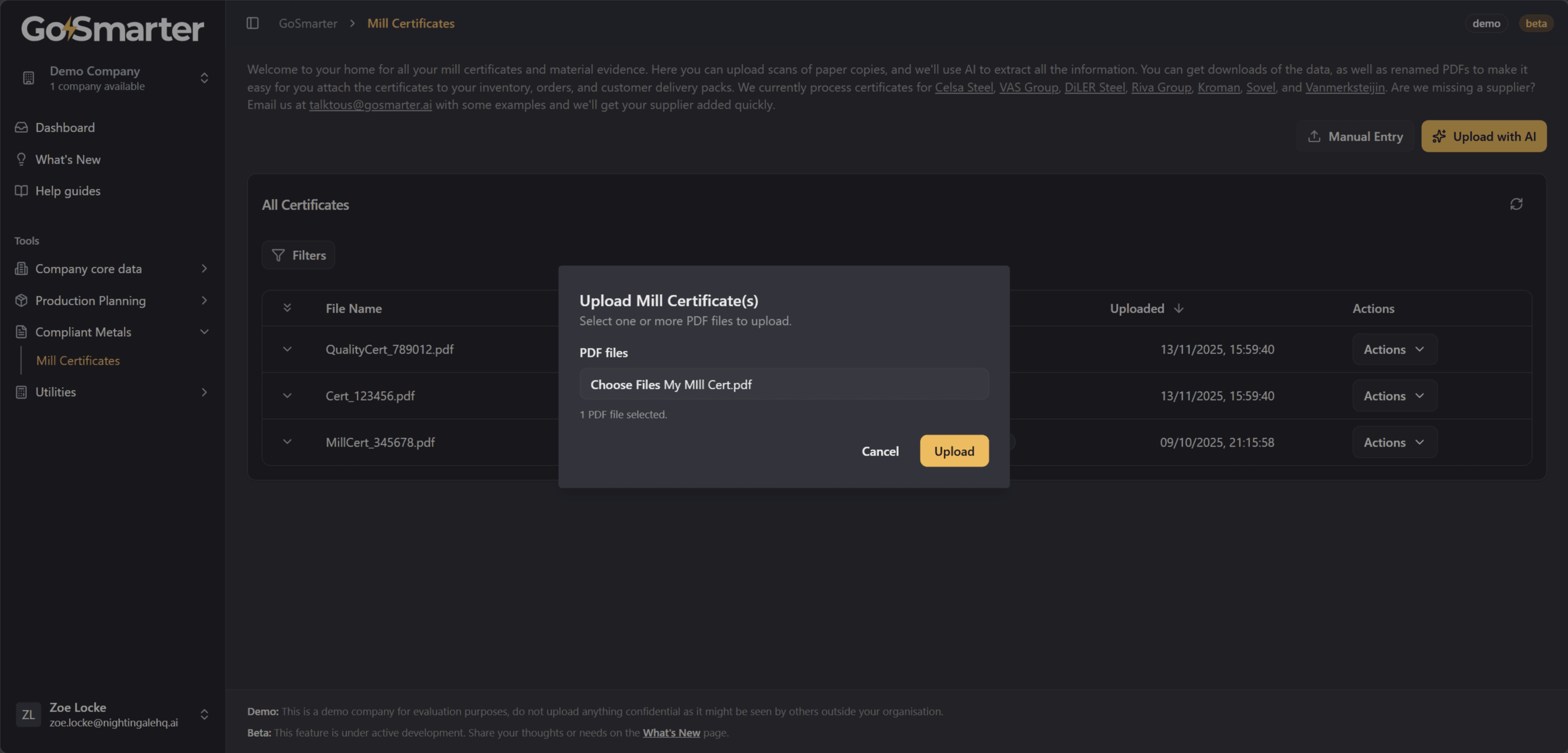 File upload dialog for selecting certificate PDFs