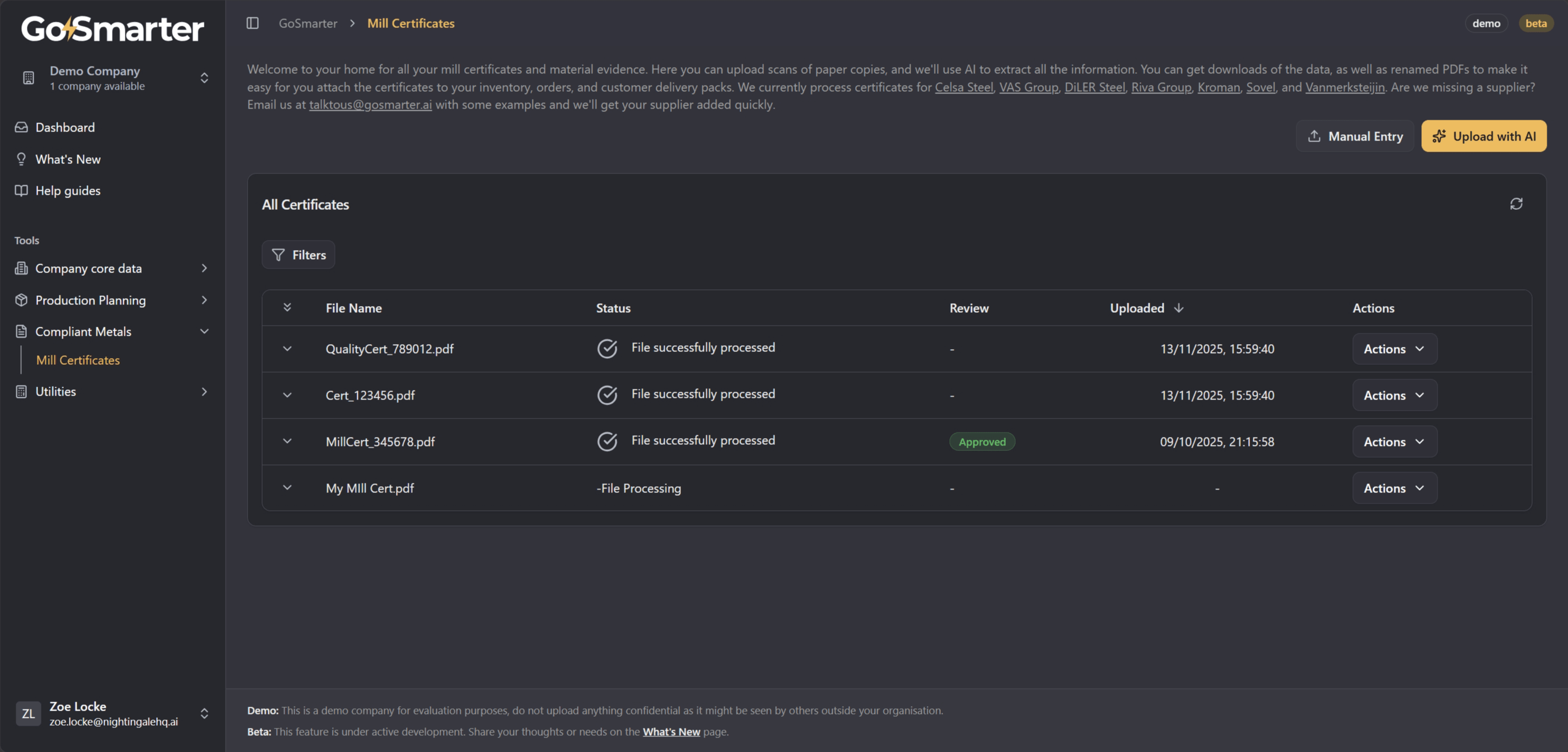 Data table showing upload progress