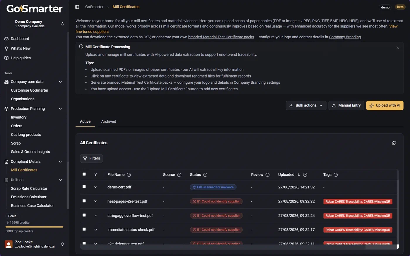 Data table showing a certificate upload in progress with AI processing status