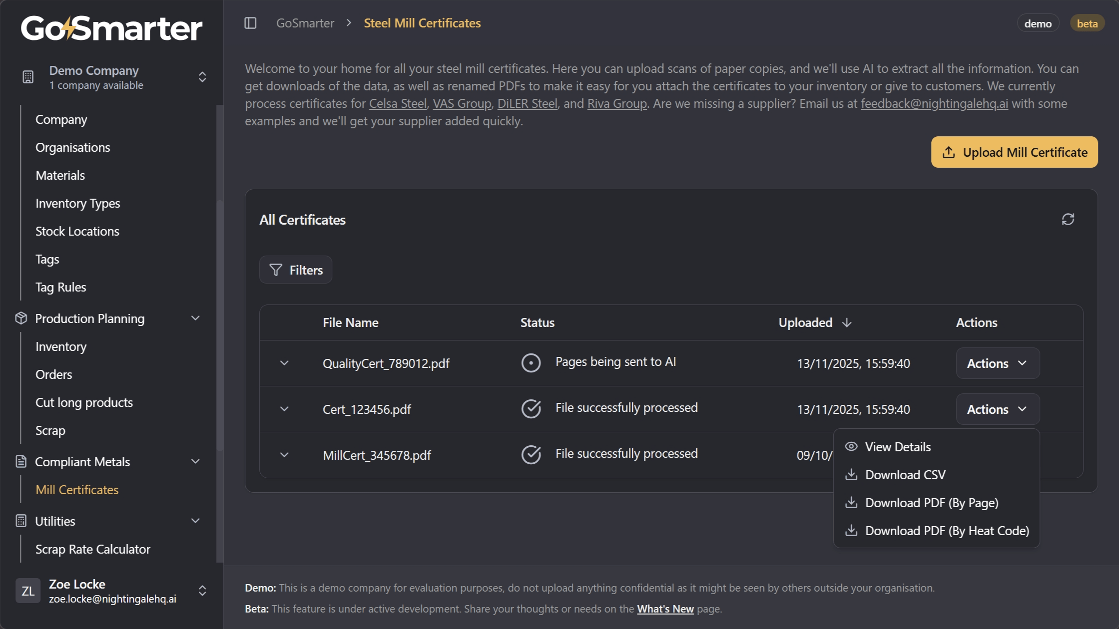 Actions menu with View Details option selected