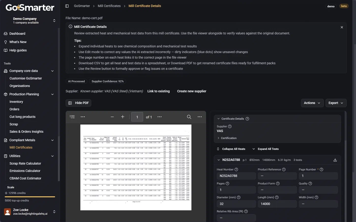 Certificate details page showing extracted data alongside the uploaded source file