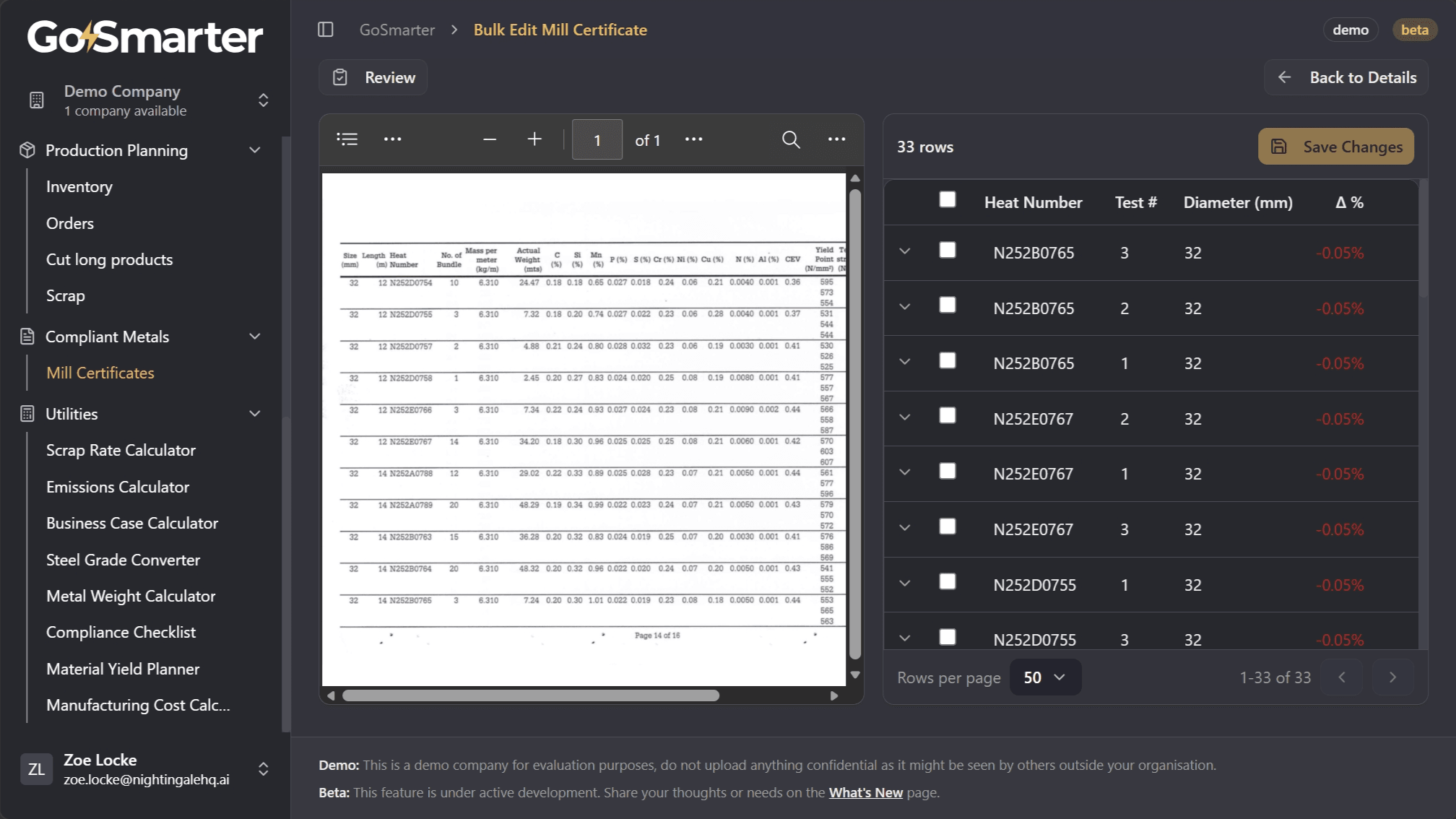 Bulk Edit view with source PDF and extracted data table