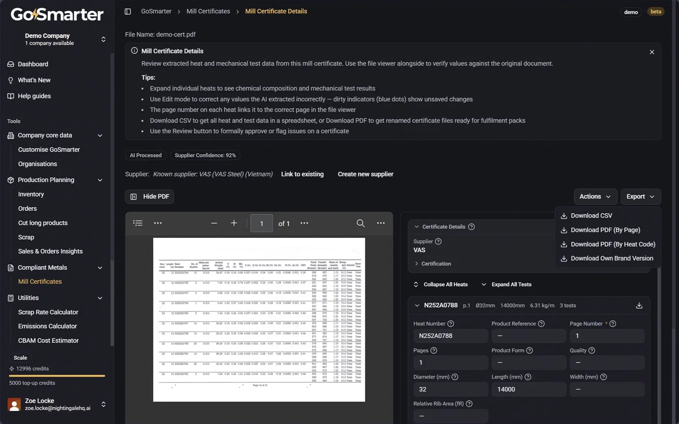 Export button on the certificate details page for downloading in multiple formats