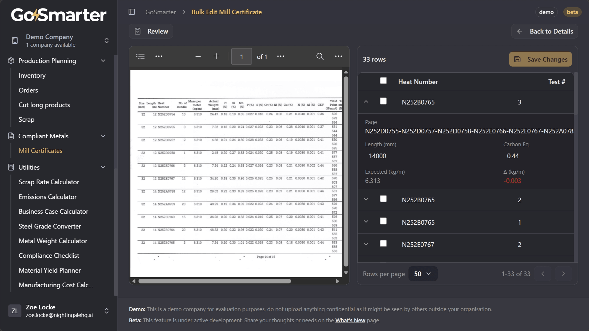 Expanded line item in Bulk Edit showing editable extracted fields