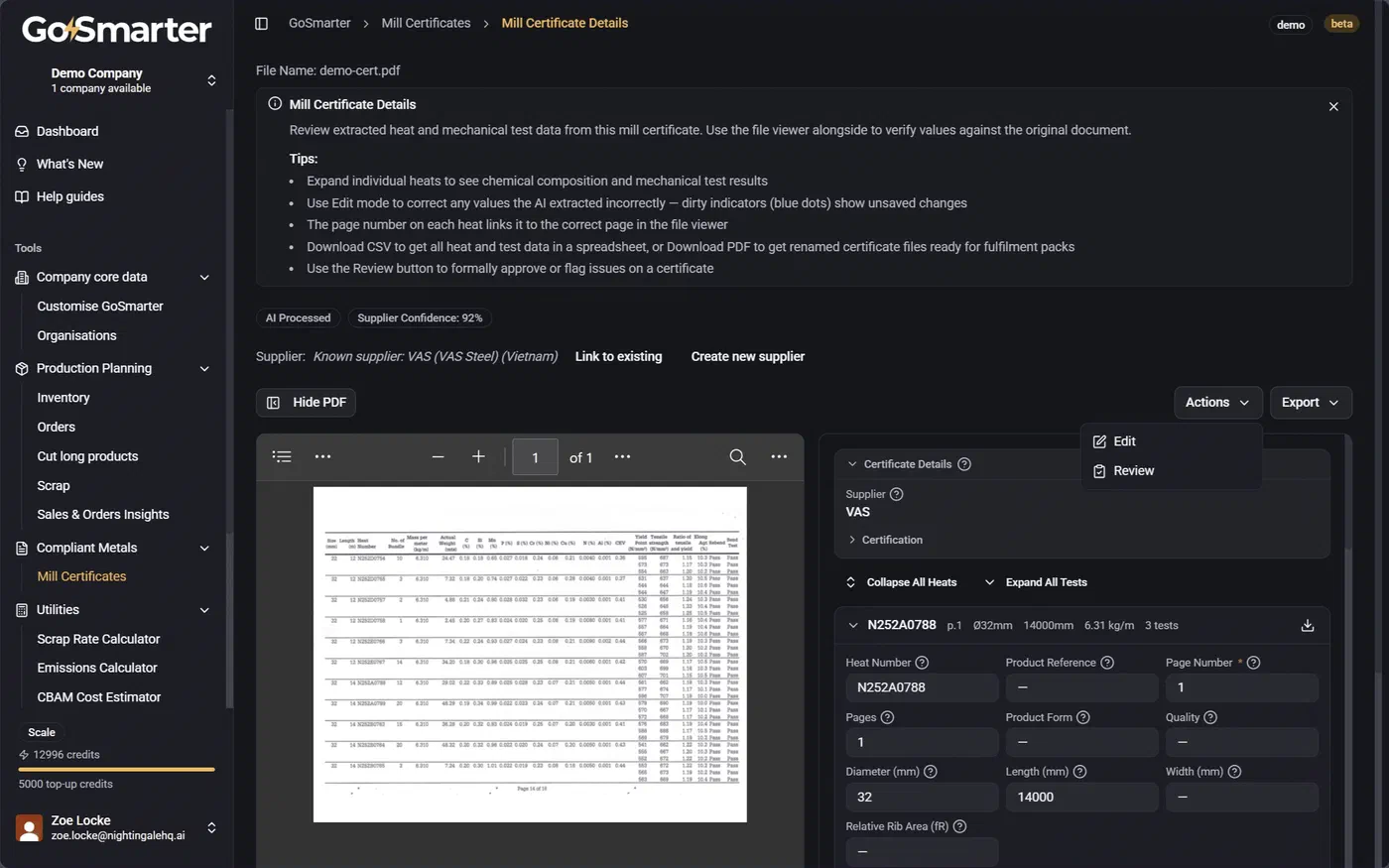 Actions button at the top right of the certificate details page
