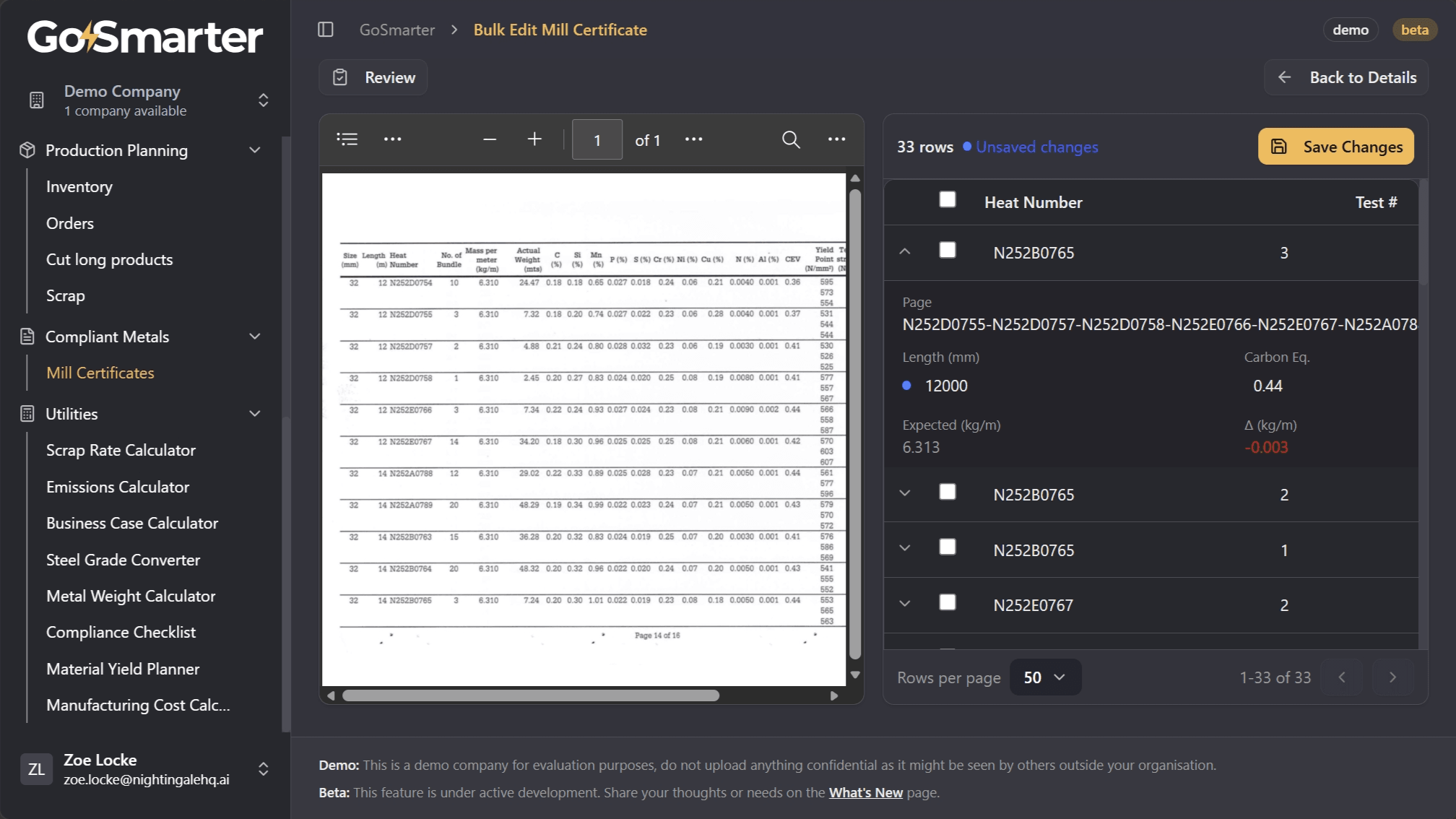 Bulk Edit table showing an edited value and unsaved changes indicator