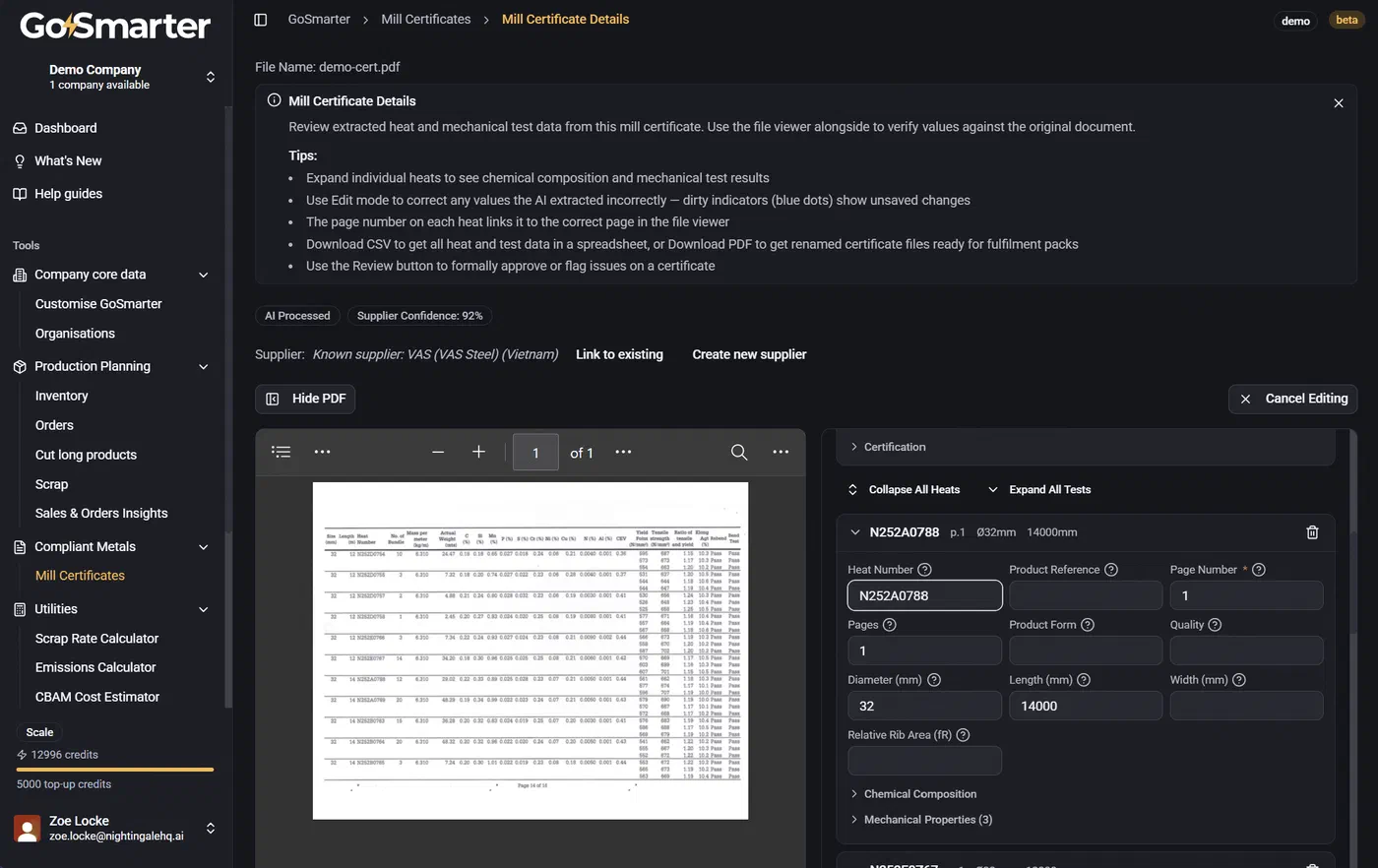 Certificate details page in edit mode with all extracted fields editable