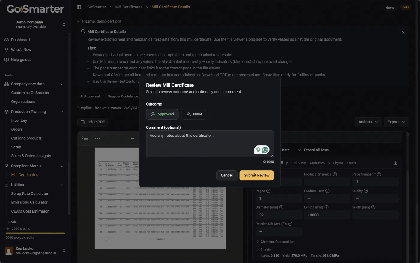 Review window with options to approve the certificate output or flag it for attention