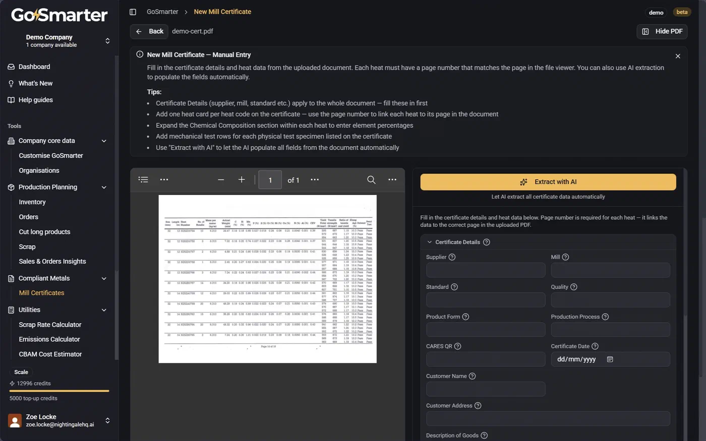 Manual Entry page with blank data fields and the source file displayed alongside