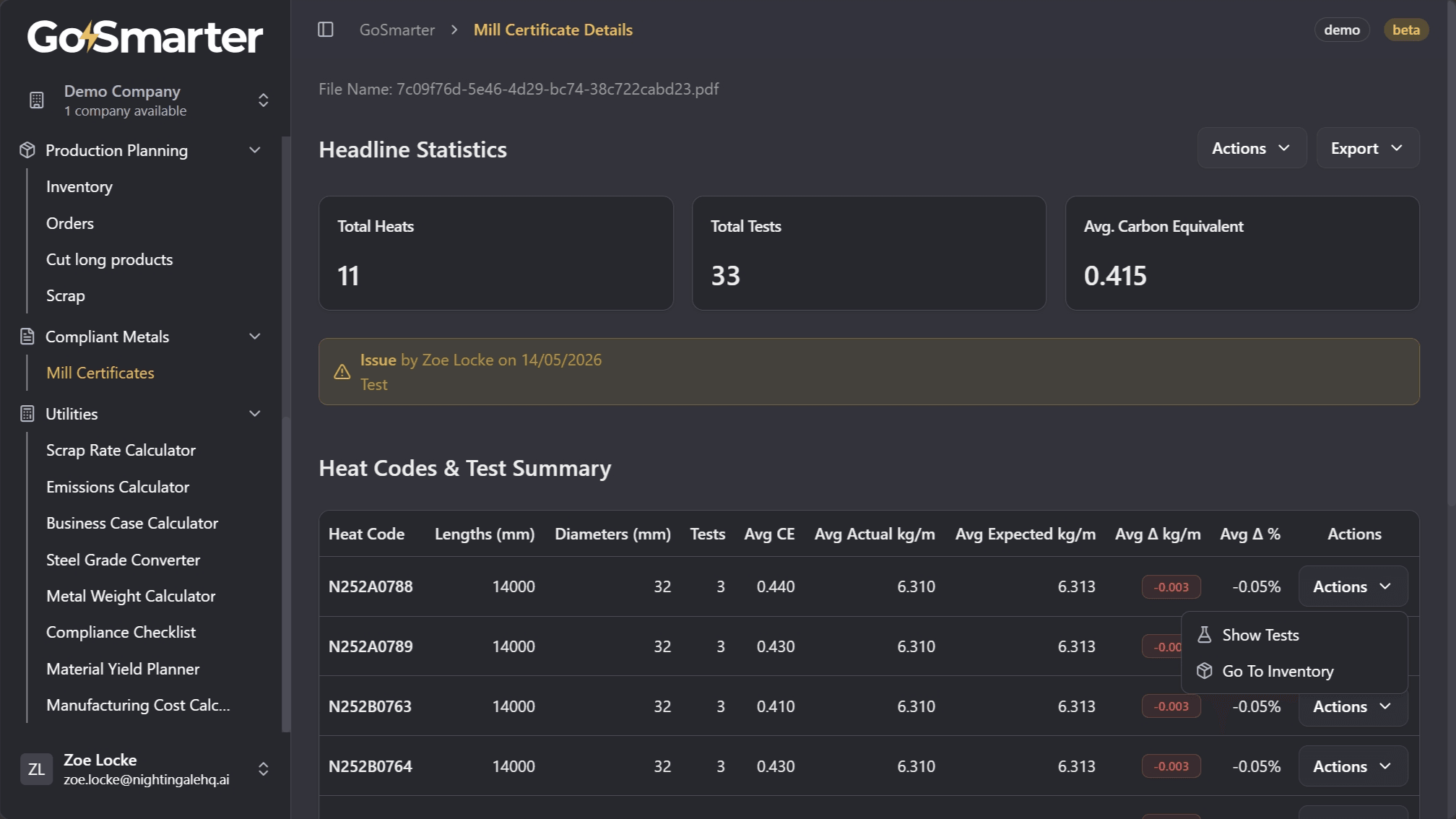 Line-item actions menu with test and inventory options