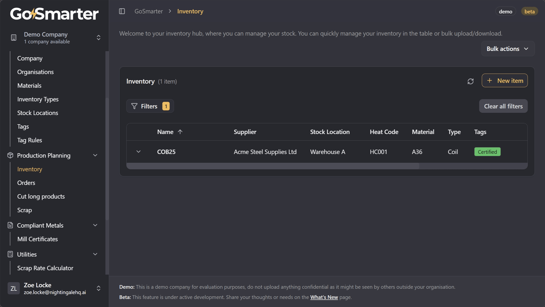 Inventory page filtered to the selected heat code