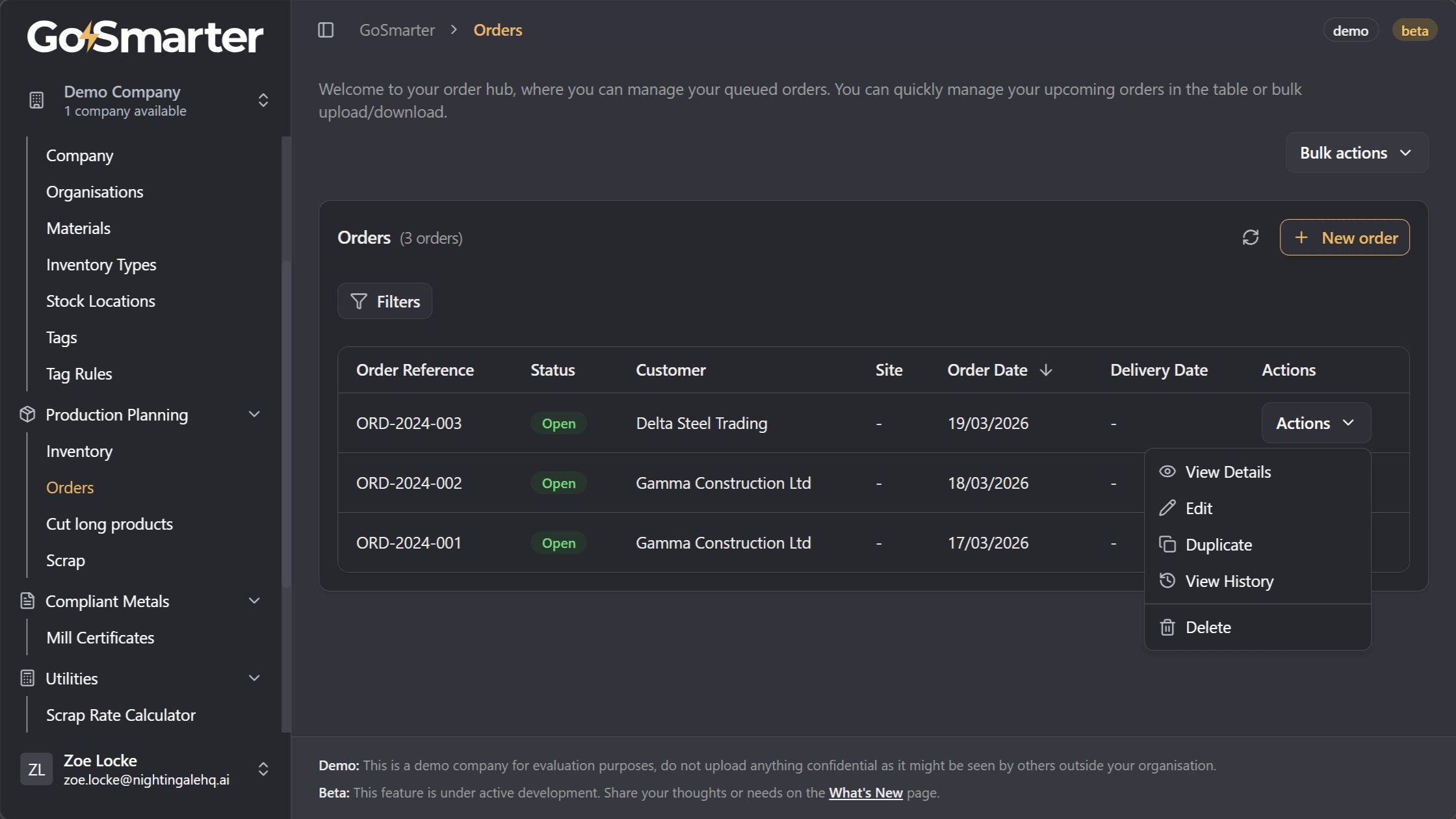 Actions menu open on an order row showing View Details, Edit, Duplicate, History, and Delete options