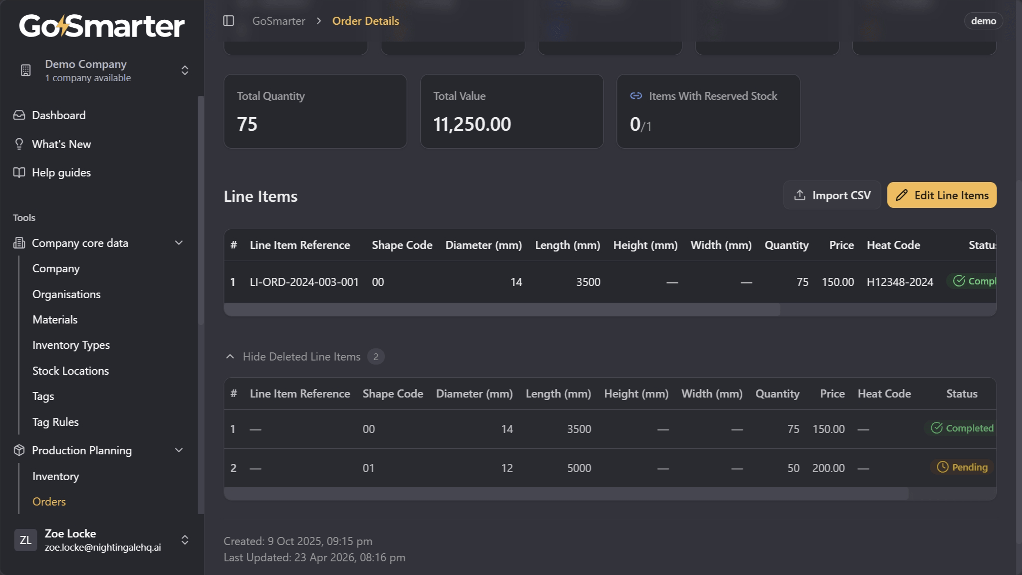Deleted Line Items table at the bottom of the order details page with a Restore button visible on the right