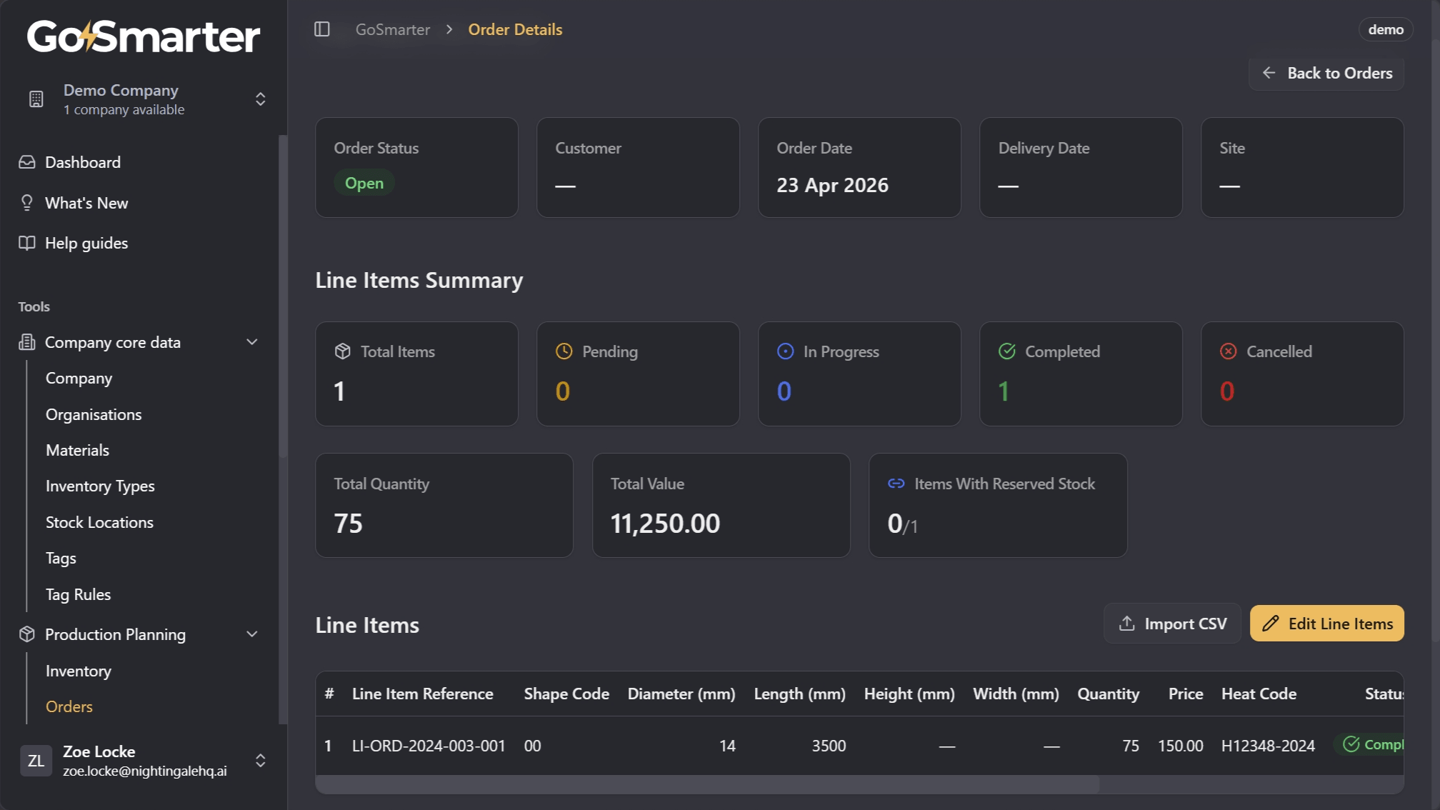 Order details page showing key header information at the top of the record