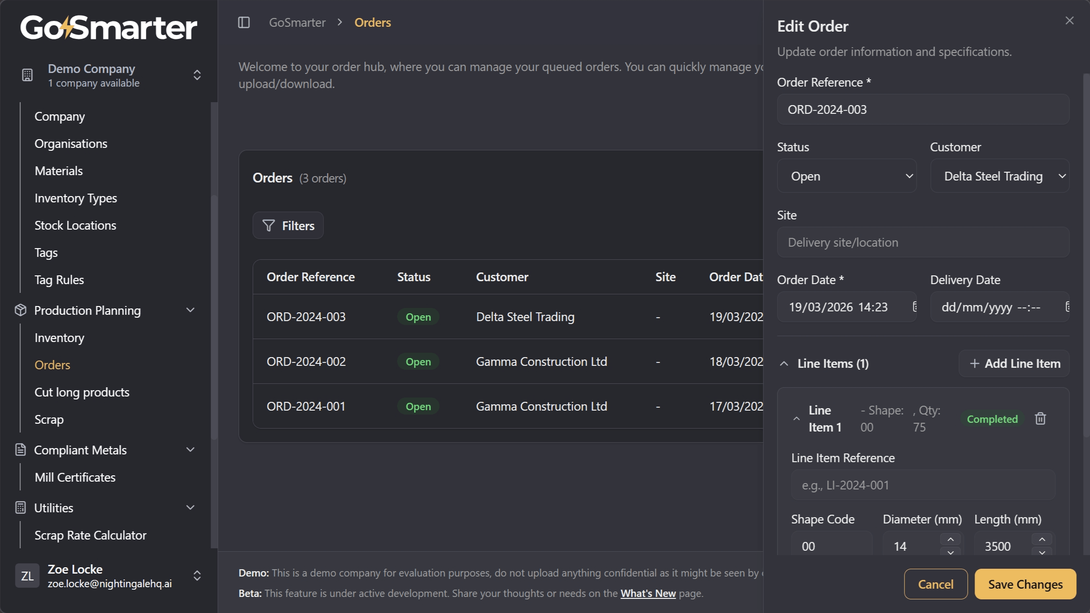 Edit order panel pre-populated with the existing order details ready for amendment
