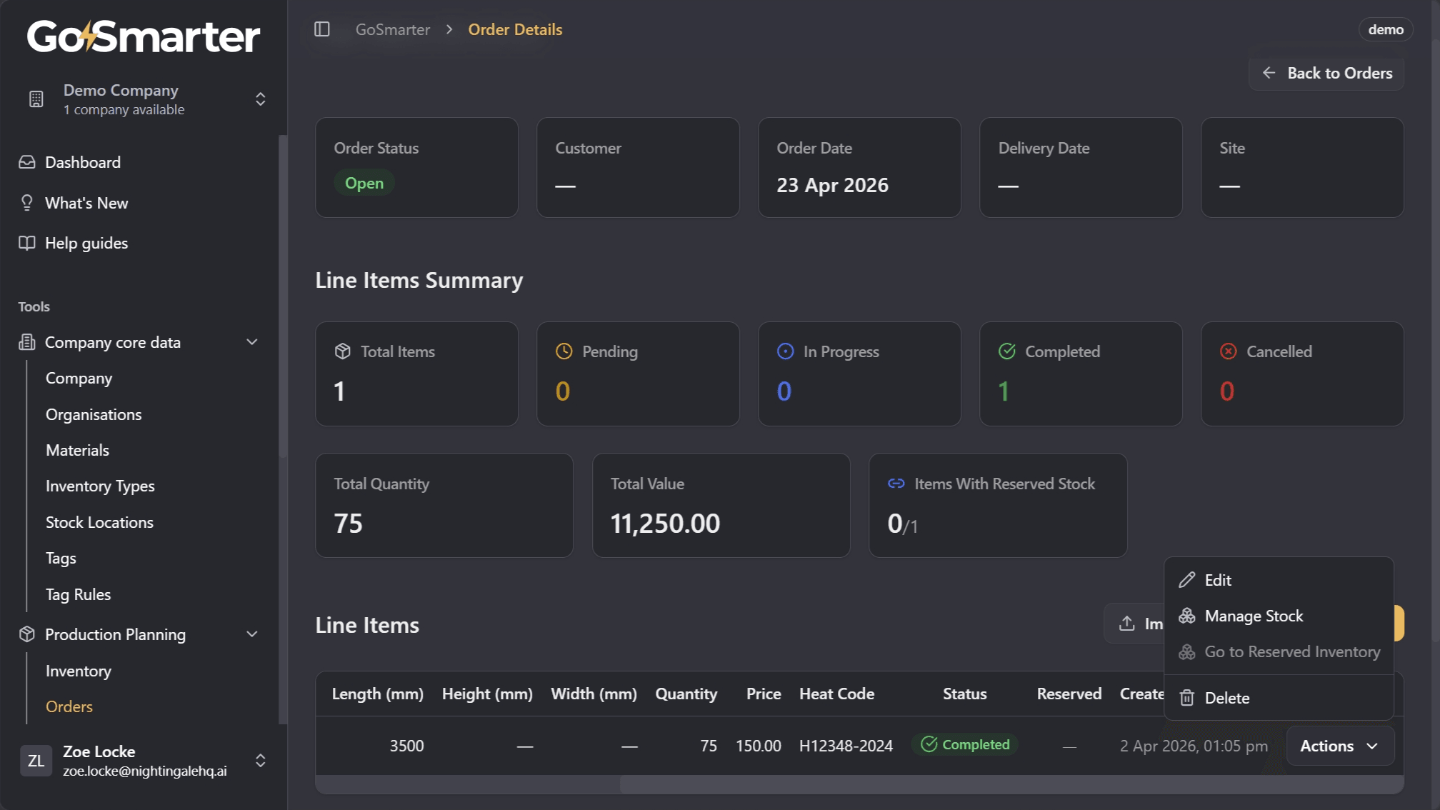 Line item Actions button on the right side of the table, with options including Edit, Manage Stock, and Delete