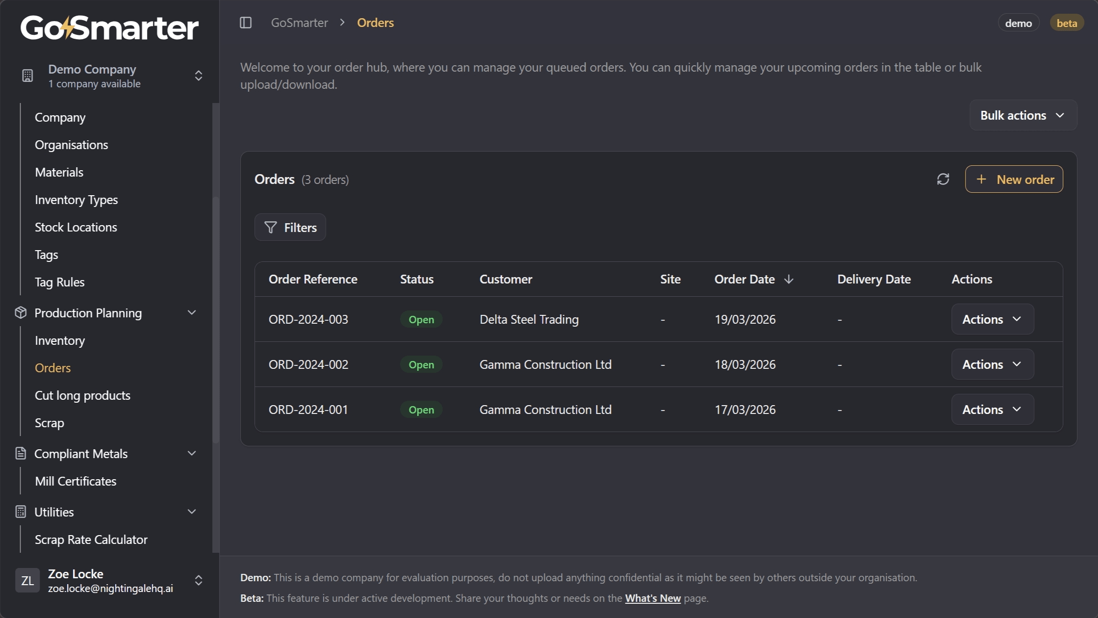 Orders page showing the orders table and New Order button, with Production Planning expanded in the left navigation