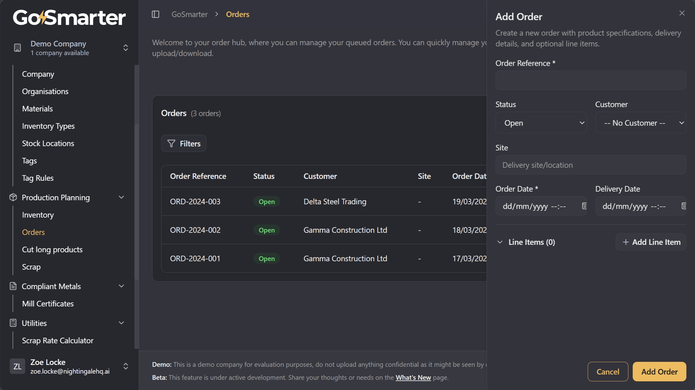 New Order form with customer details, order dates, and Add Line Item button