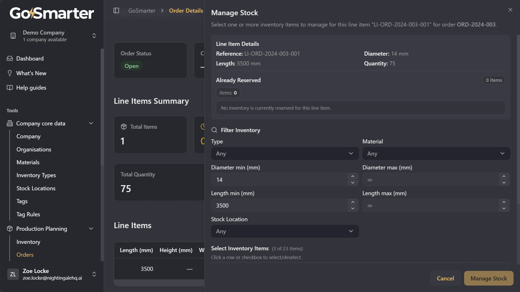 Reserve Stock panel showing available inventory items and filter options