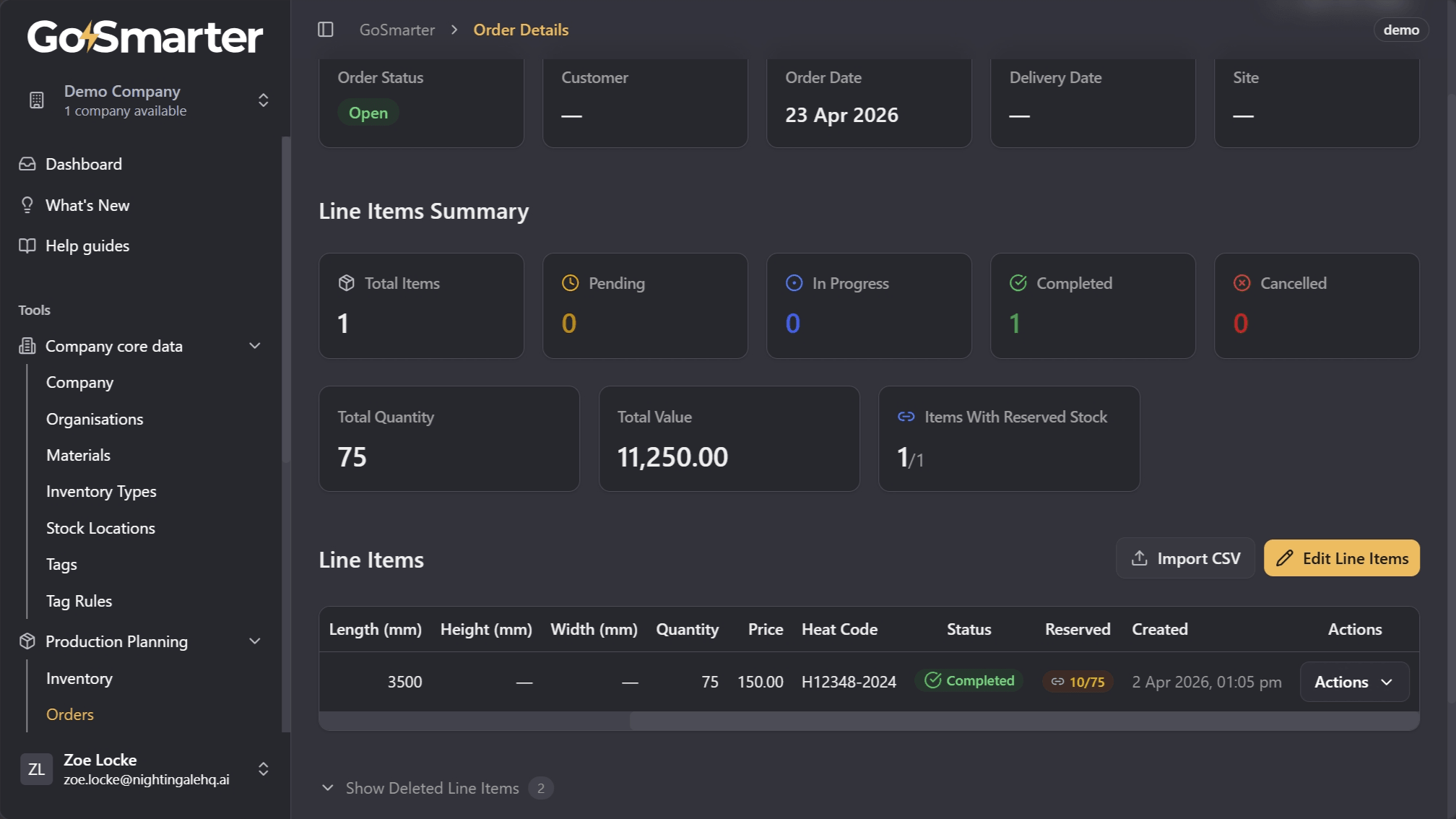 Reserved Items section on the order details page showing confirmed reservations
