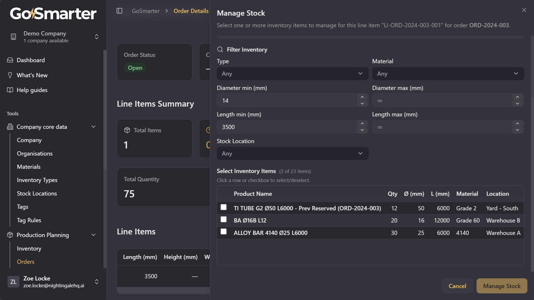 Select Inventory Items section with tick boxes for each available stock item