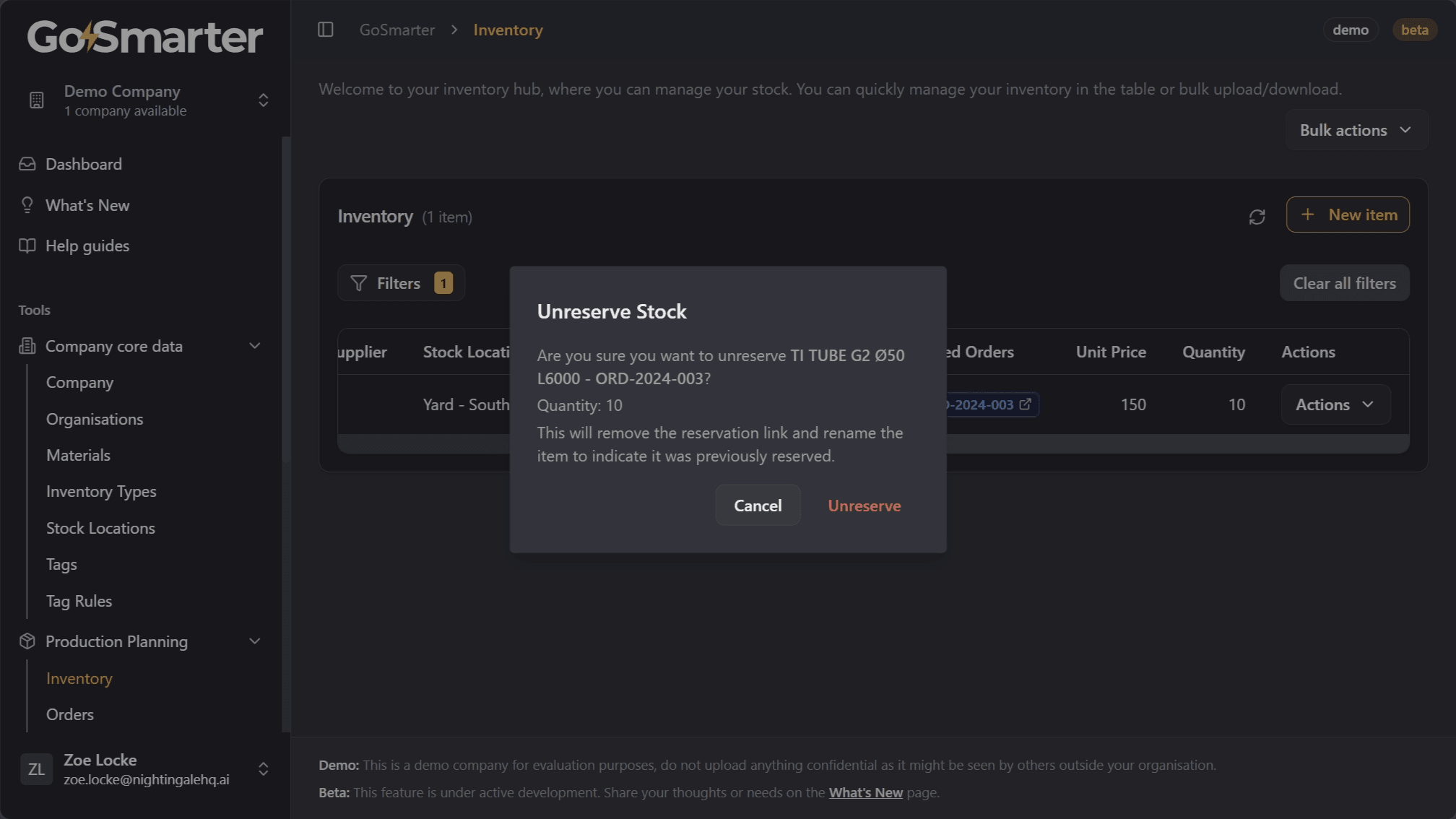 Unreserve Stock confirmation dialog asking you to confirm releasing the reservation