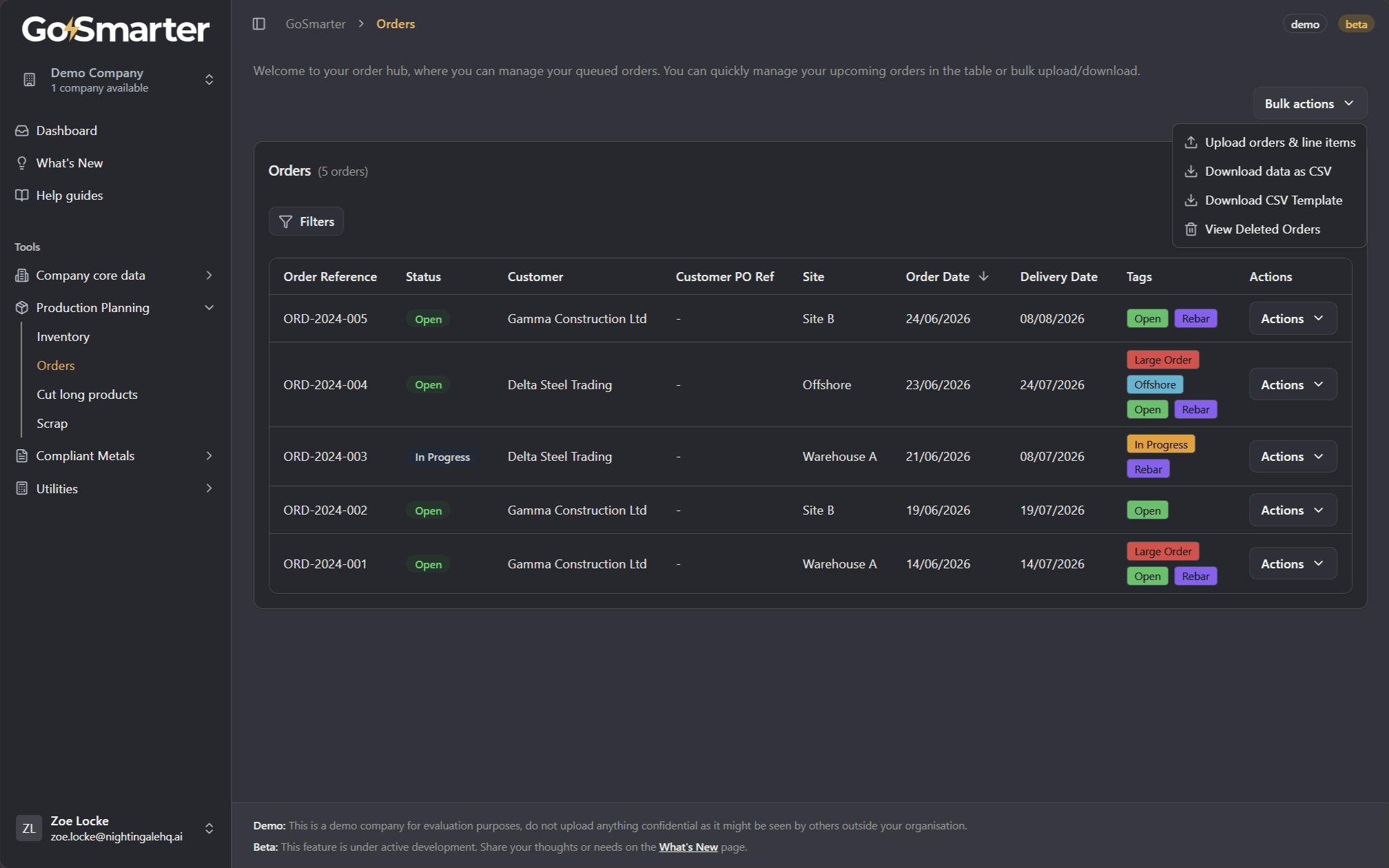 Orders page showing the orders data table with toolbar options including Add Order