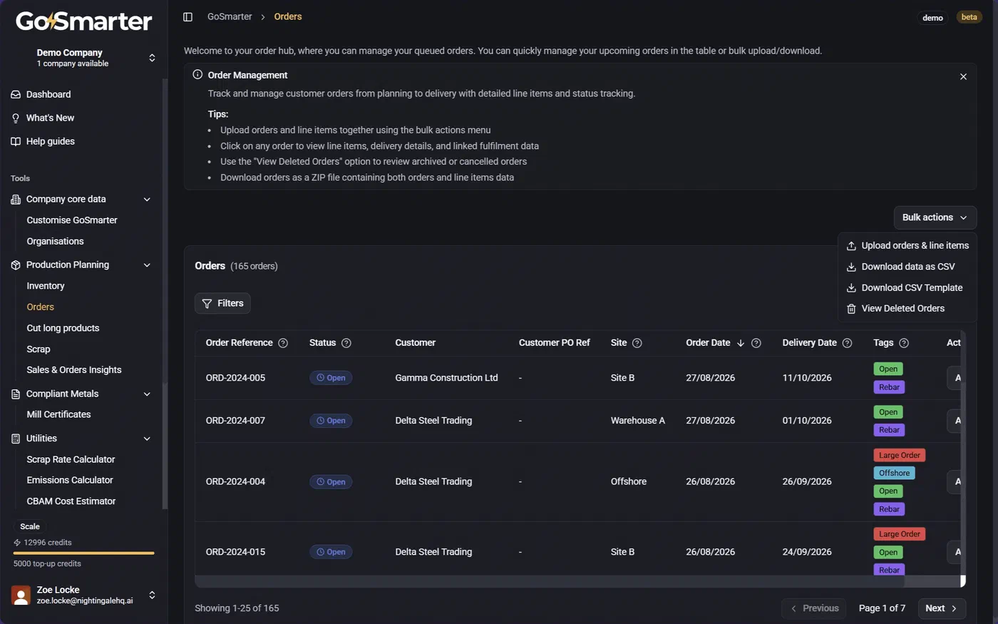 Orders page showing the orders data table with toolbar options including Add Order