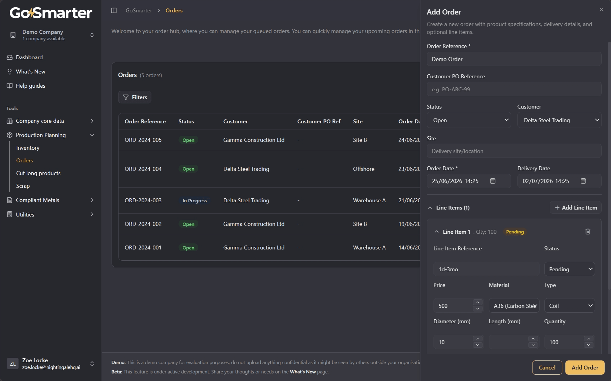 New Order button highlighted in the top right of the Orders page