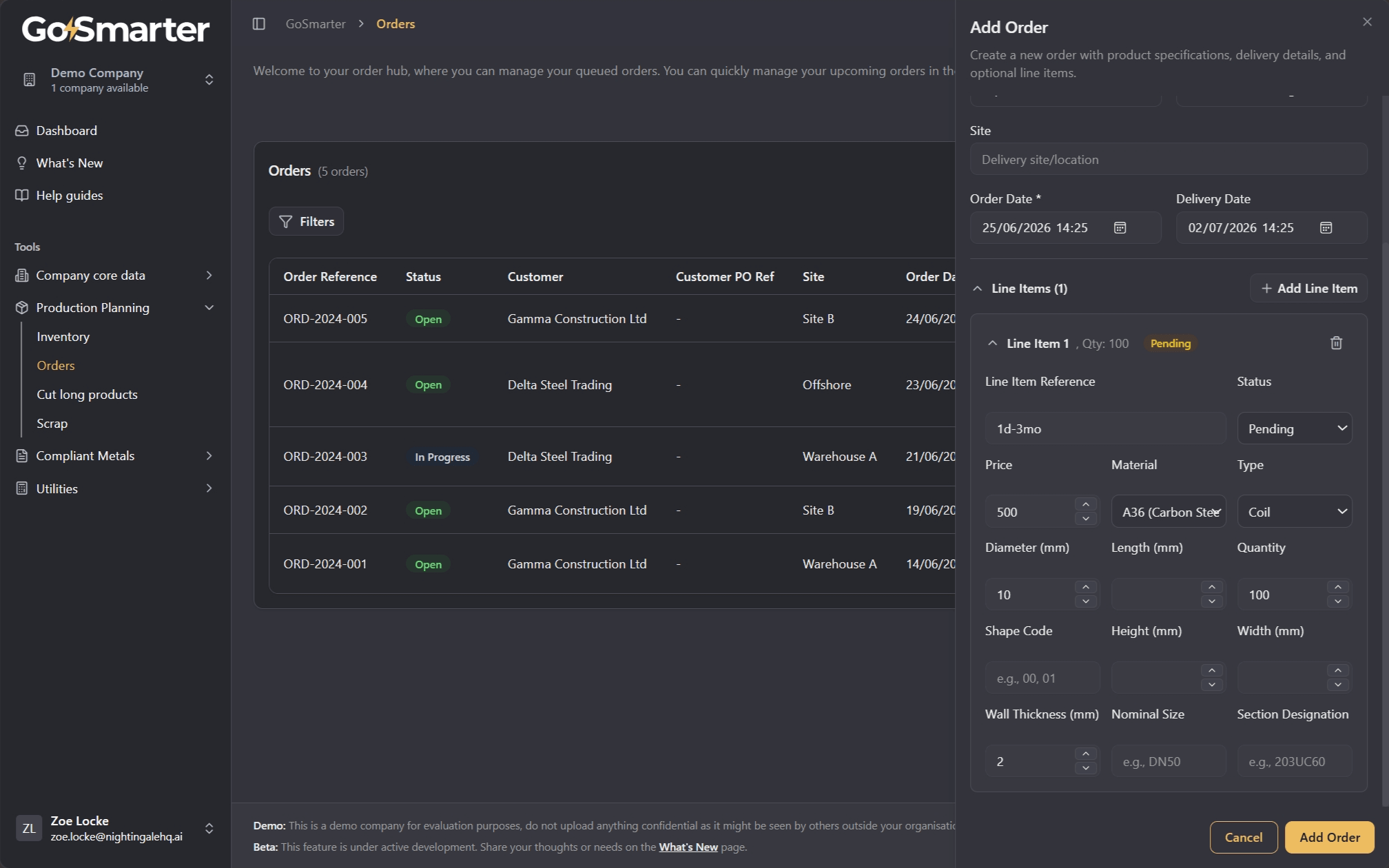 Add Order form scrolled to show additional fields with the Add Order submit button at the bottom