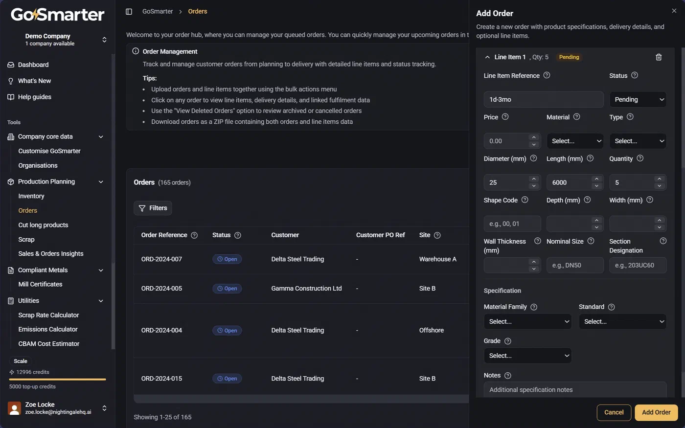 Add Order form scrolled to show additional fields with the Add Order submit button at the bottom