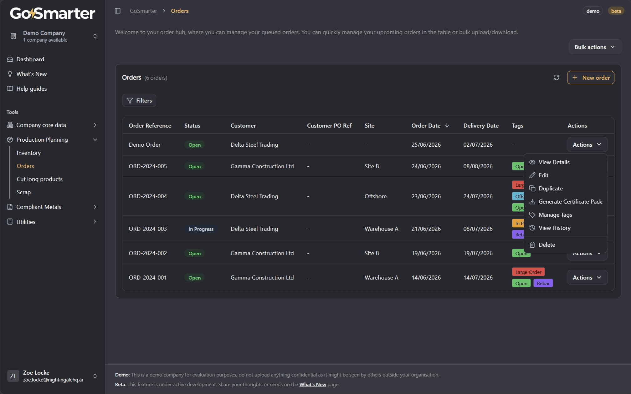 Orders data table with the Actions dropdown open on one row, showing all available options including Certificate Pack and Manage Tags