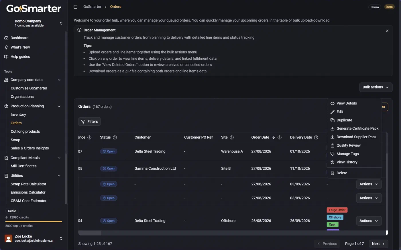 Orders data table with the Actions dropdown open on one row, showing all available options including Certificate Pack and Manage Tags