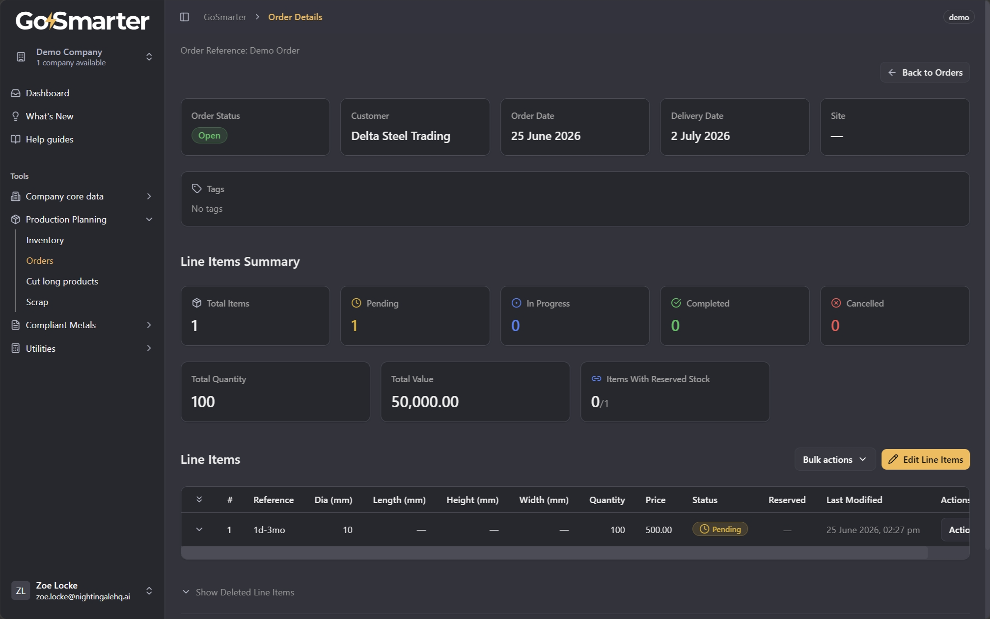 Order Details page showing header fields at the top and a line items summary below