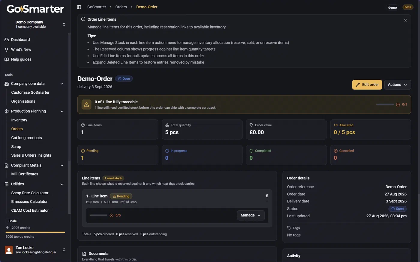 Order Details page showing header fields at the top and a line items summary below