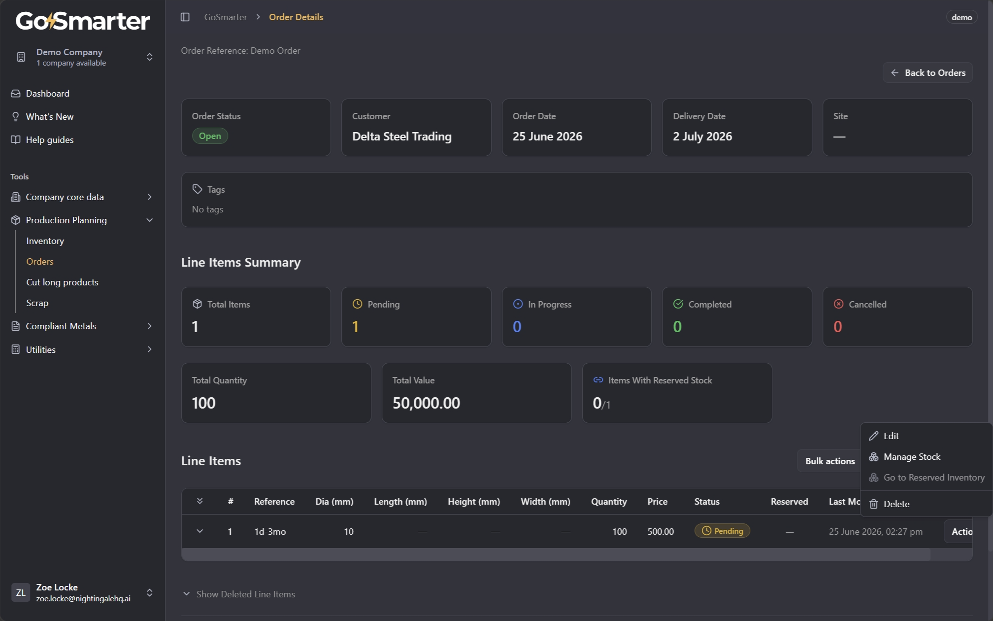 Line item Actions menu open showing Edit, Manage Stock, and the inactive Go to Reserved Inventory option