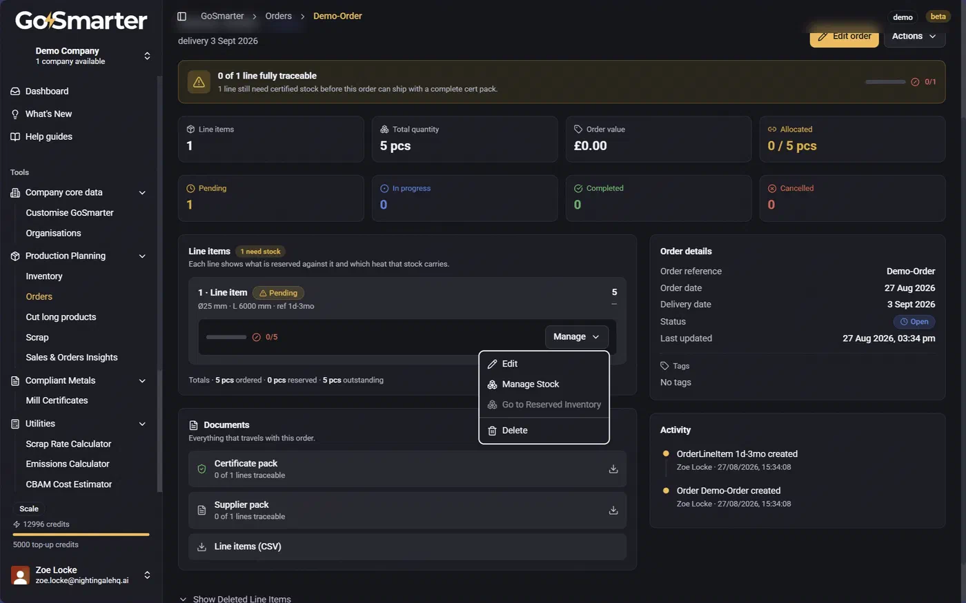 Line item Actions menu open showing Edit, Manage Stock, and the inactive Go to Reserved Inventory option