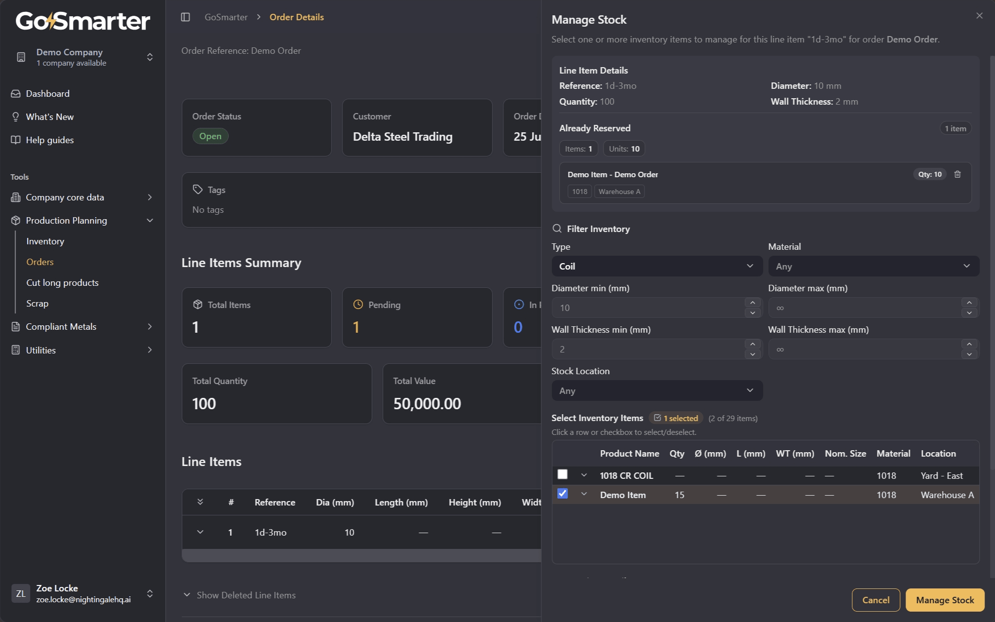 Manage Stock window with search and filter options for finding matching inventory items