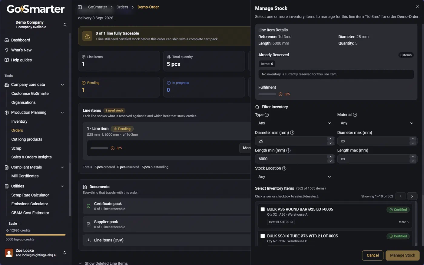 Manage Stock window with search and filter options for finding matching inventory items