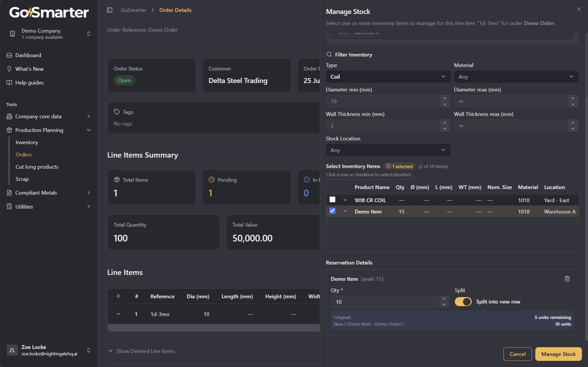 Manage Stock window with an inventory item selected and quantity and split fields visible below