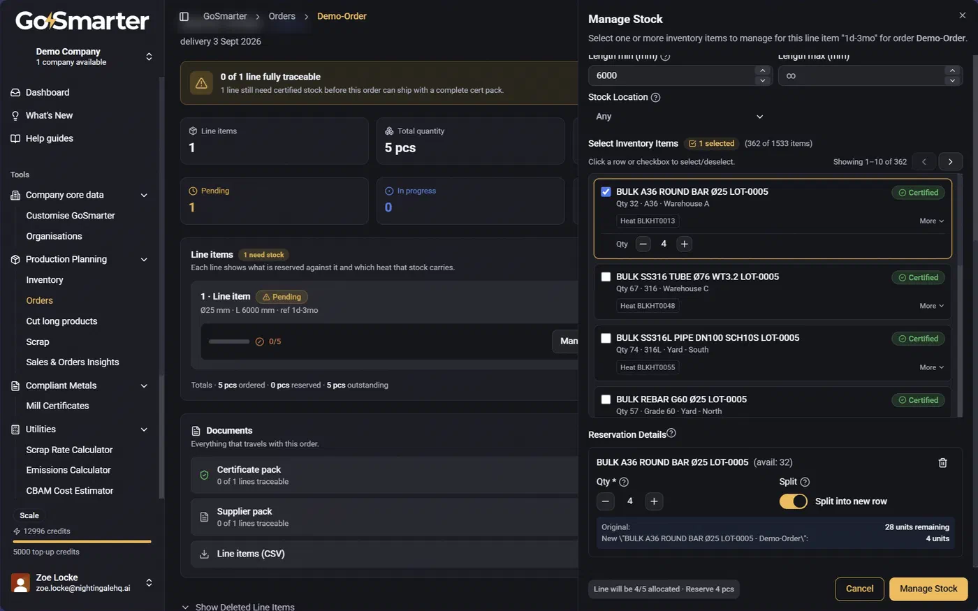 Manage Stock window with an inventory item selected and quantity and split fields visible below